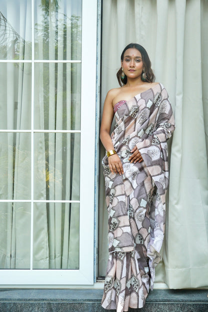 Peach-Pink Silk Saree with Digital Print