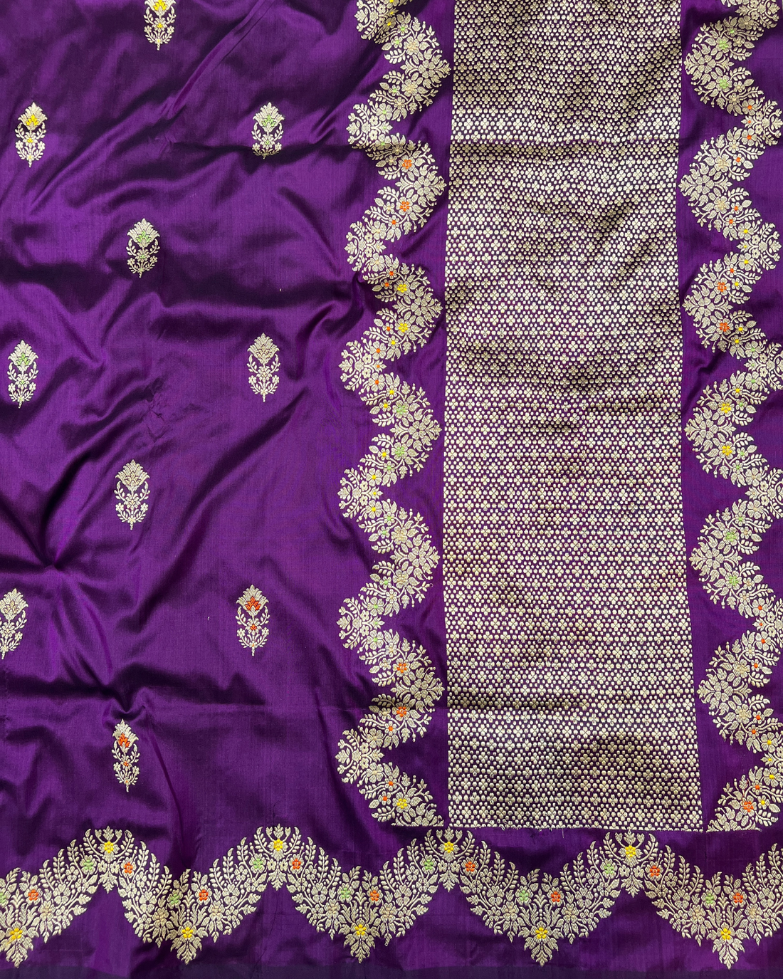 Traditional Banarasi border on purple pure silk Katan boota saree