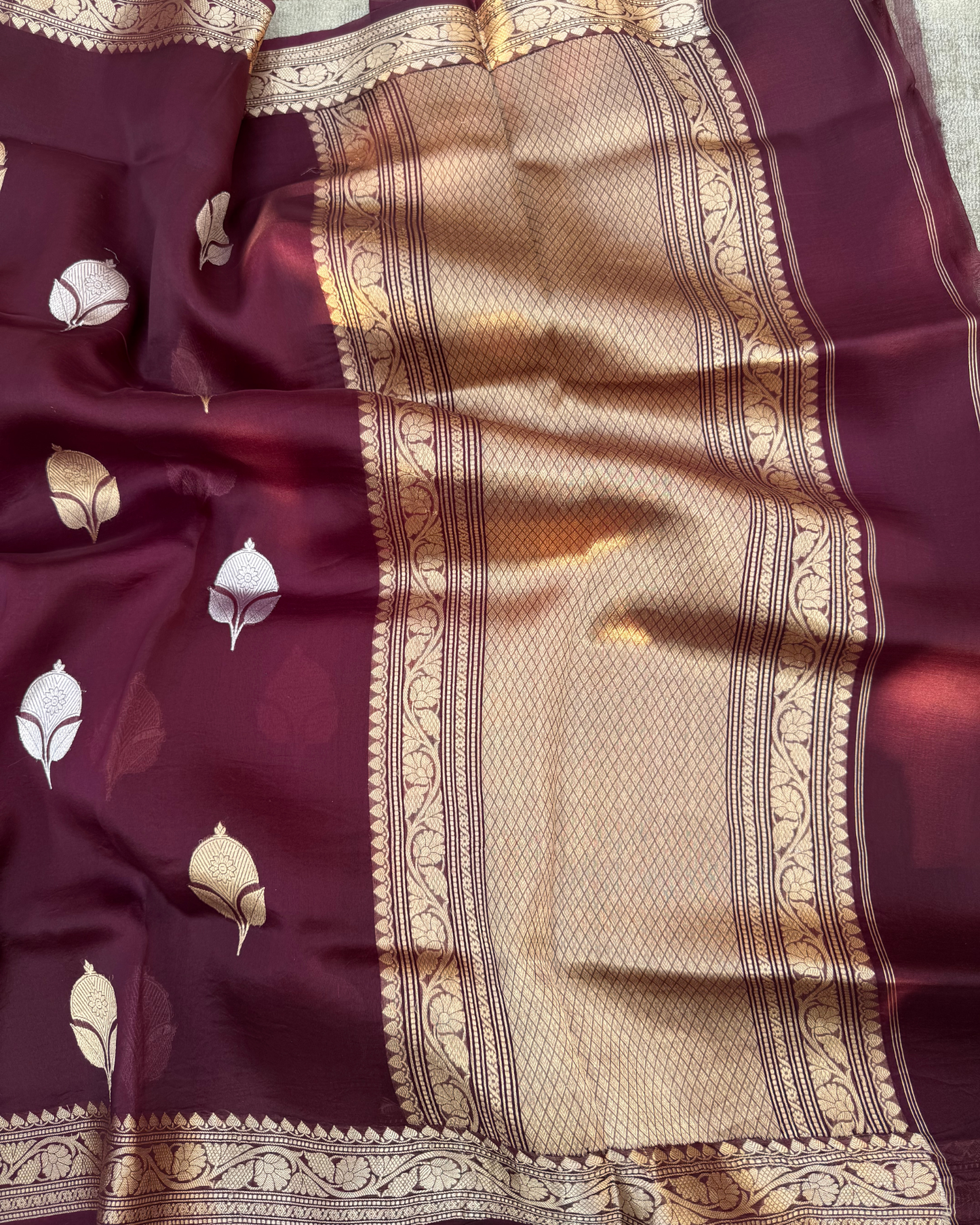 Maroon Pure Banarasi Kora Silk Saree