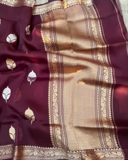 Maroon Pure Banarasi Kora Silk Saree