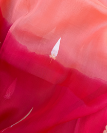 Draped pleats showing sheer handloom texture of red peach Kora silk saree