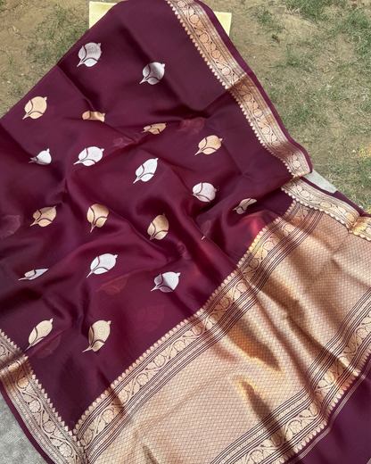 Maroon Pure Banarasi Kora Silk Saree
