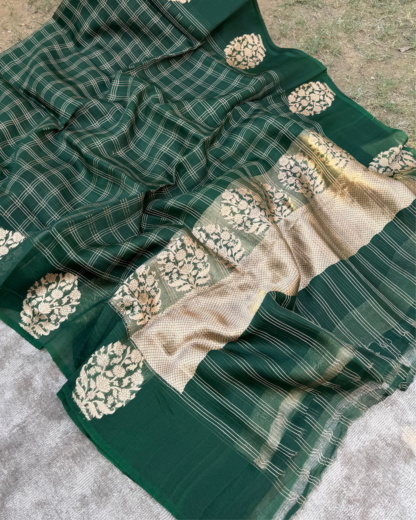 Dark Green Pure Banarasi Kora Silk Saree