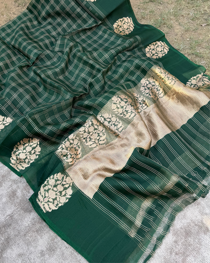 Dark Green Pure Banarasi Kora Silk Saree