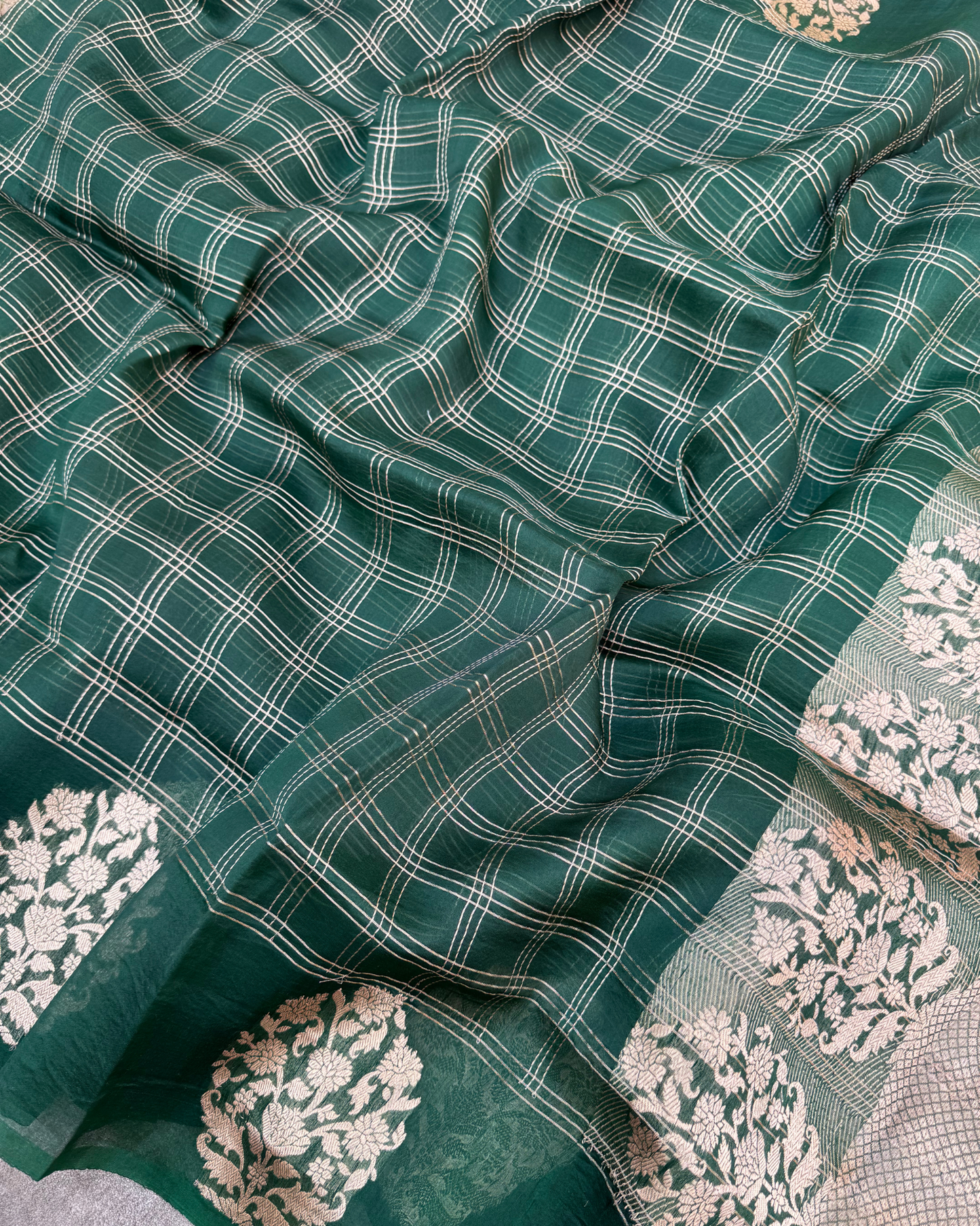 Dark Green Pure Banarasi Kora Silk Saree