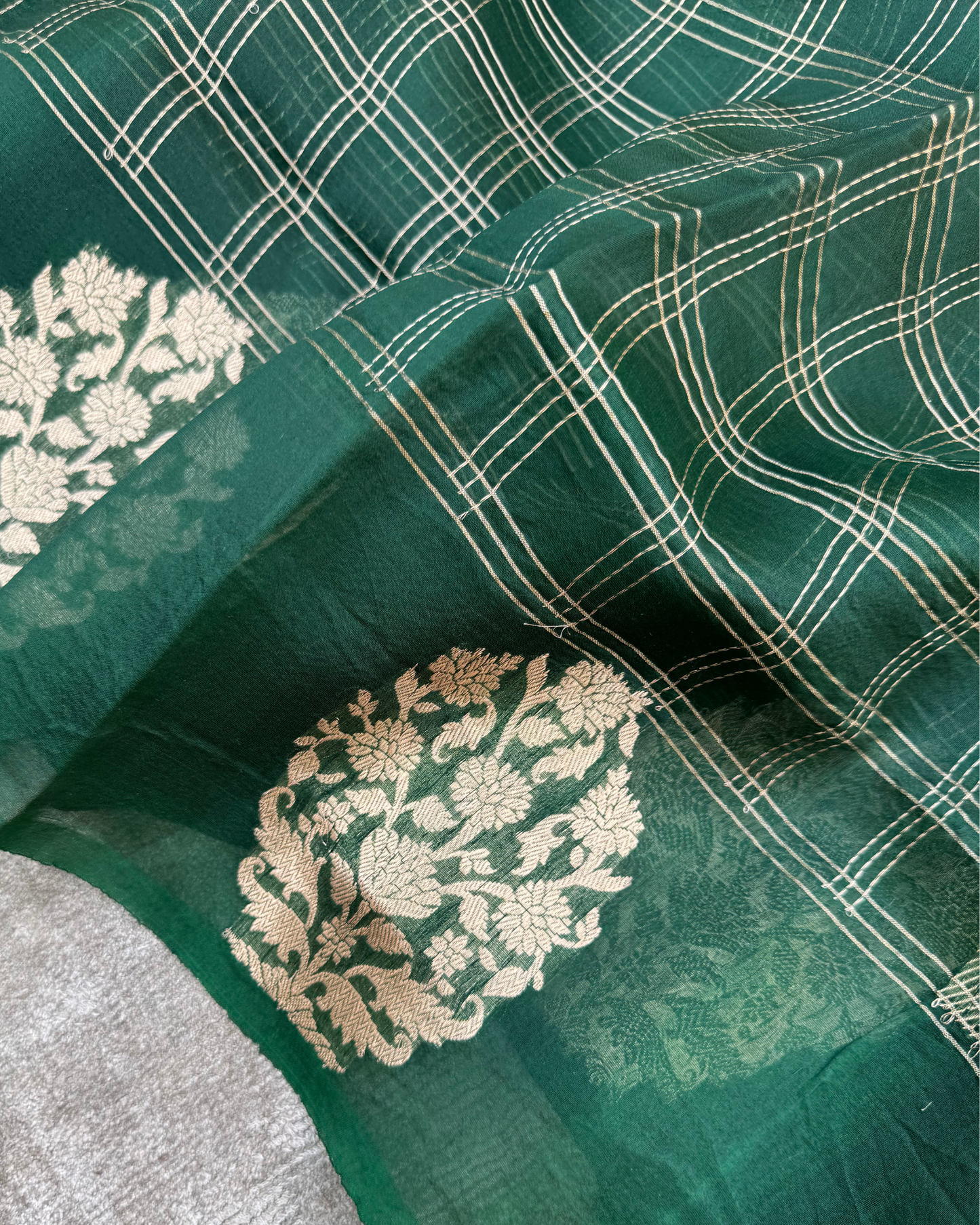 Dark Green Pure Banarasi Kora Silk Saree