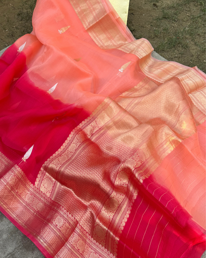 Red & Pink Pure Banarasi Kora Silk Saree