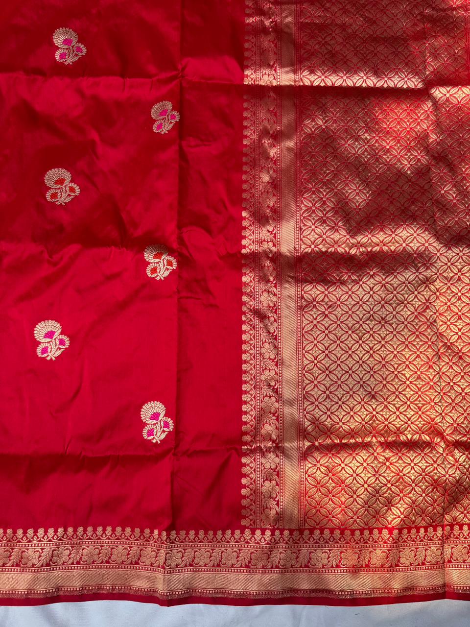 Artisanal handwoven border on red pure Katan silk heirloom Banarasi saree