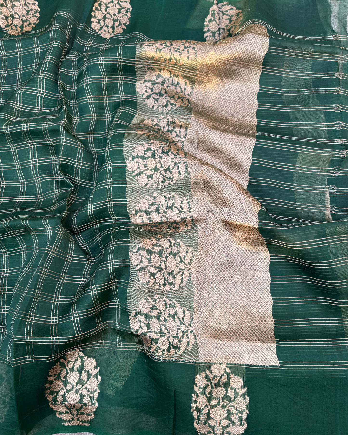 Dark Green Pure Banarasi Kora Silk Saree