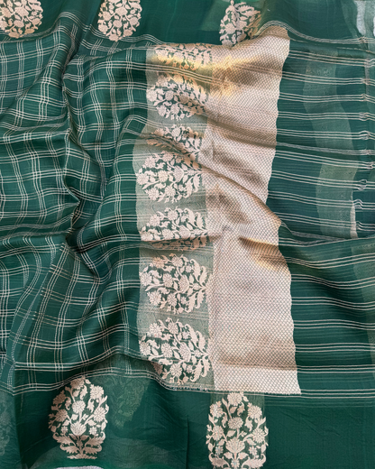 Dark Green Pure Banarasi Kora Silk Saree