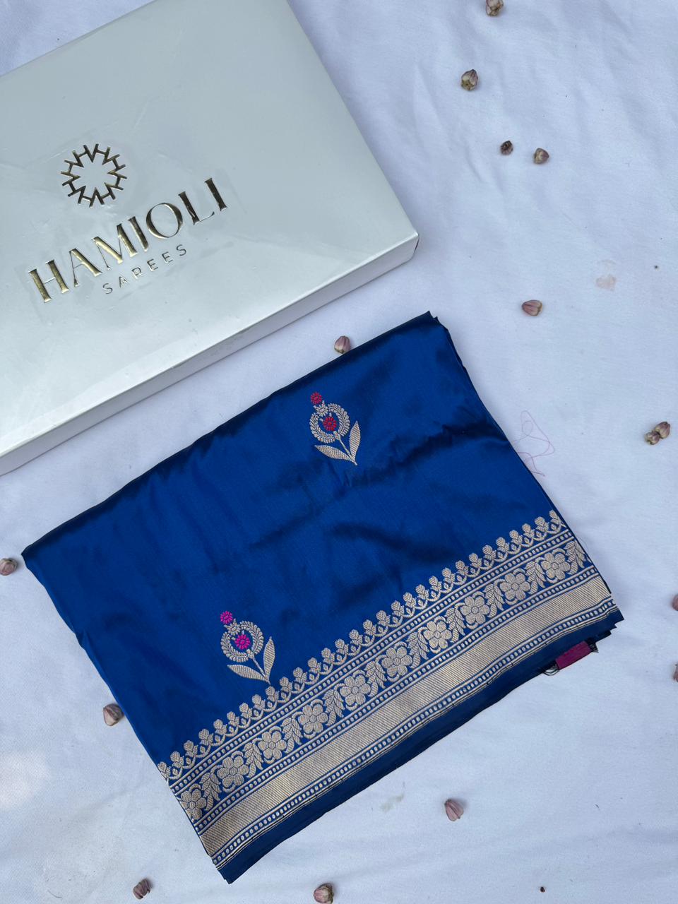 Neel-Kamal pure Katan silk Banarasi saree in blue lotus tones full drape