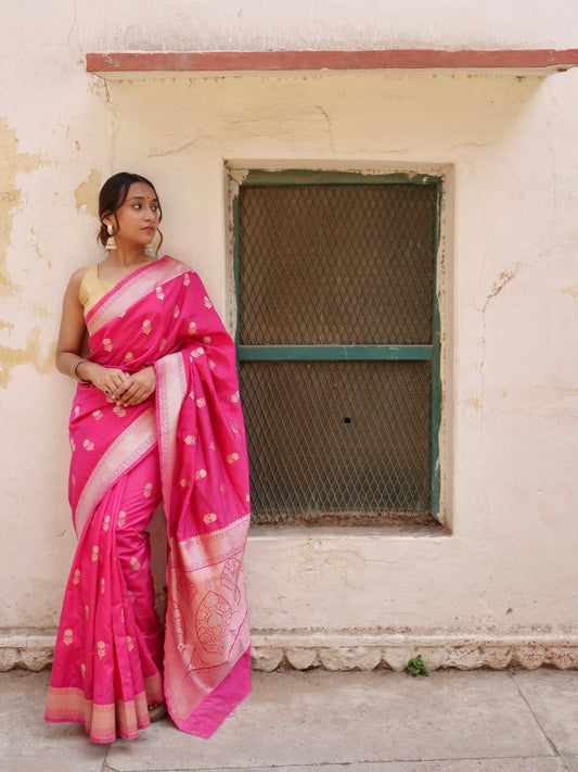 Pink Banarasi Silk Saree with Golden Boota