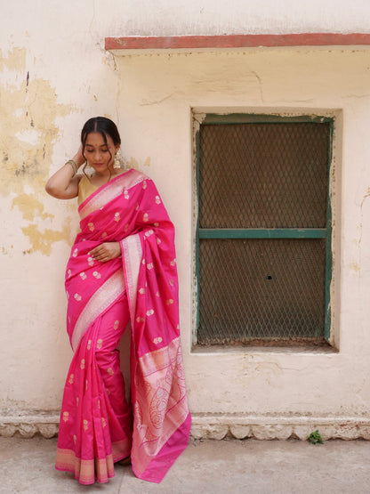Pink Banarasi Silk Saree with Golden Boota