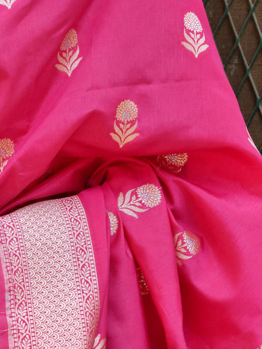 Pink Banarasi Silk Saree with Golden Boota