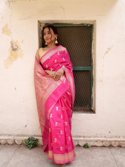 Pink Banarasi Silk Saree with Golden Boota