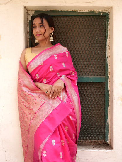 Pink Banarasi Silk Saree with Golden Boota