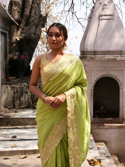 Sage Green Pure Chinya Banarasi Silk Saree