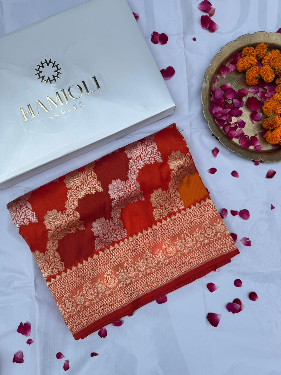 Surya Rangini Pure Katan Silk Saree – Kadwa Banarasi Saree in Morning Sun Colour