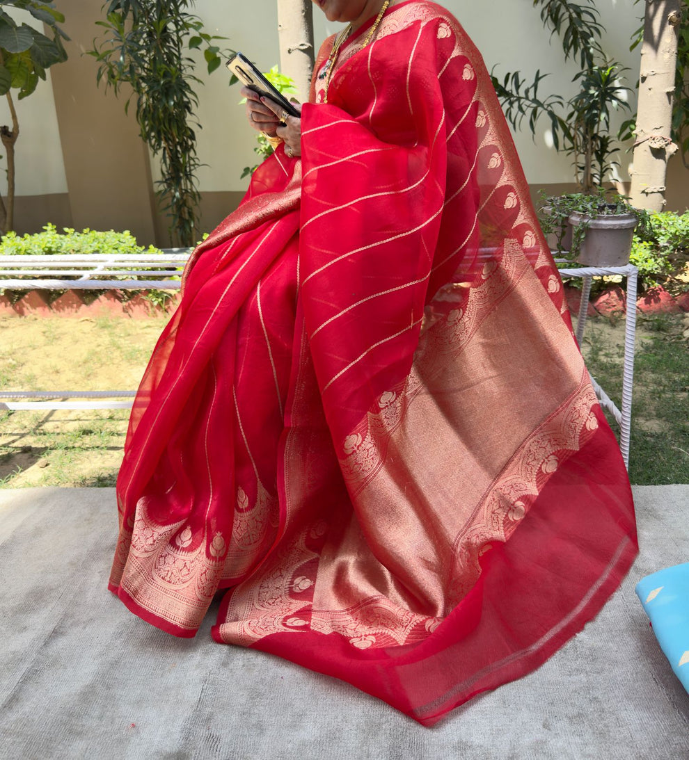 Red pure Kora silk Banarasi saree with zari Kadwa line motifs