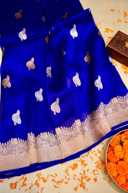 Dark Blue Pure Kora Silk Saree