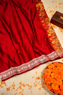 Red pure Banarasi Mashru silk saree with lustrous sheen full view