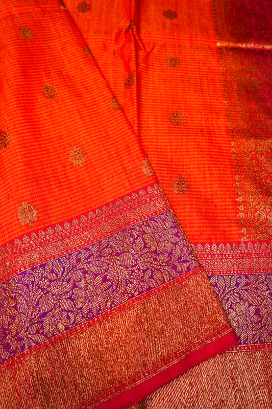 Orange Dupion Handloom Silk Saree