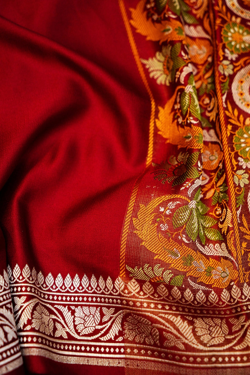 Red Banarasi Mashru silk saree border and fine artisanal detailing