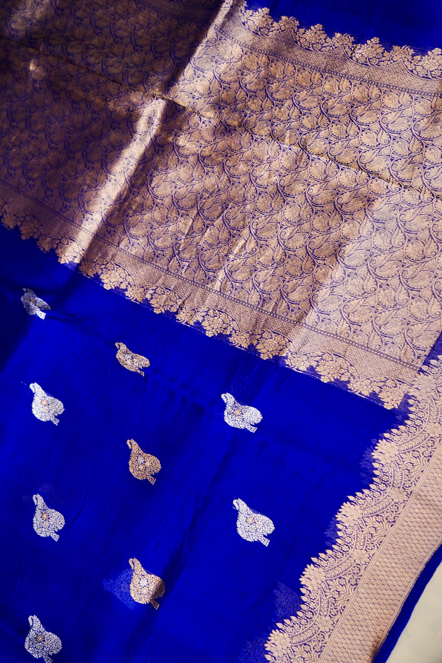 Dark Blue Pure Kora Silk Saree