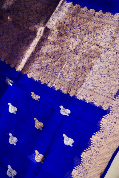 Dark Blue Pure Kora Silk Saree