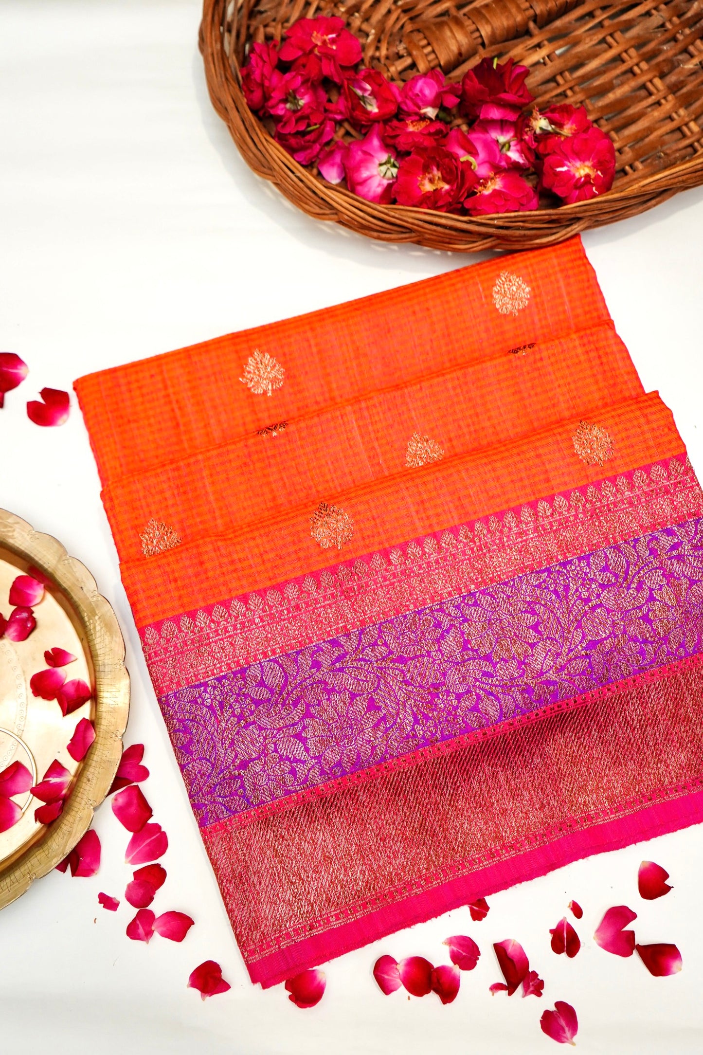 Light Orange Dupion Handloom Silk Saree