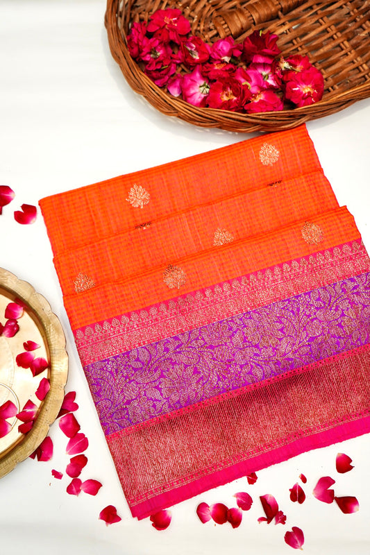 Light Orange Dupion Handloom Silk Saree