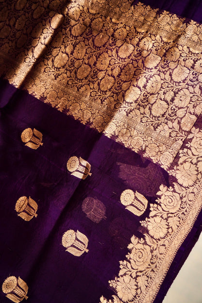 Dark Purple Pure Kora Silk Saree