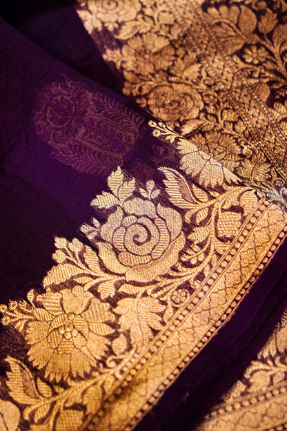 Dark Purple Pure Kora Silk Saree