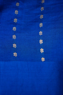 Blue pure Mulberry Katan silk Banarasi saree drape showing fine zari texture