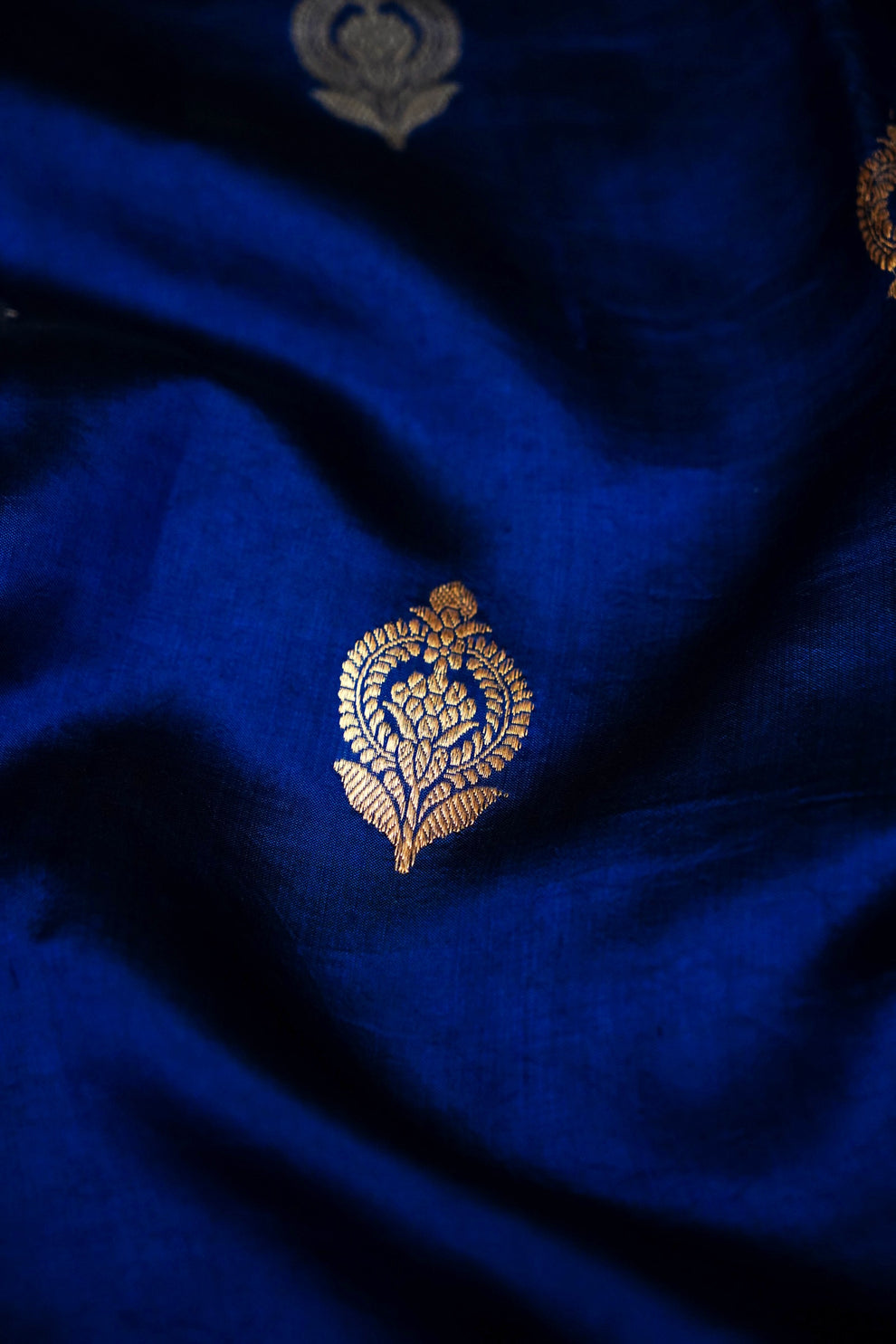 Rich royal blue Mulberry Katan silk texture woven by master Banaras artisans