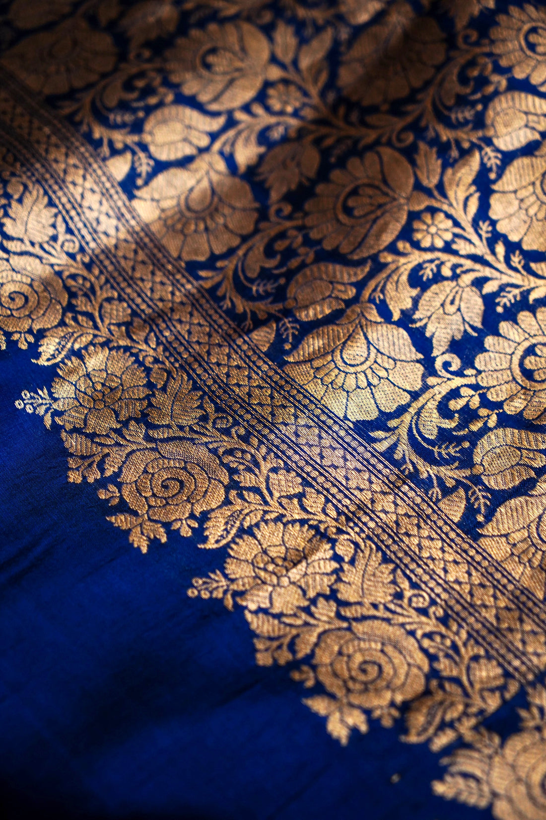 Draped festive look of royal blue handloom Mulberry Katan silk saree