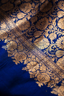 Draped festive look of royal blue handloom Mulberry Katan silk saree