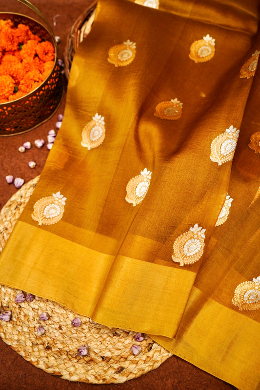 Yellow Pure Kora Silk Saree