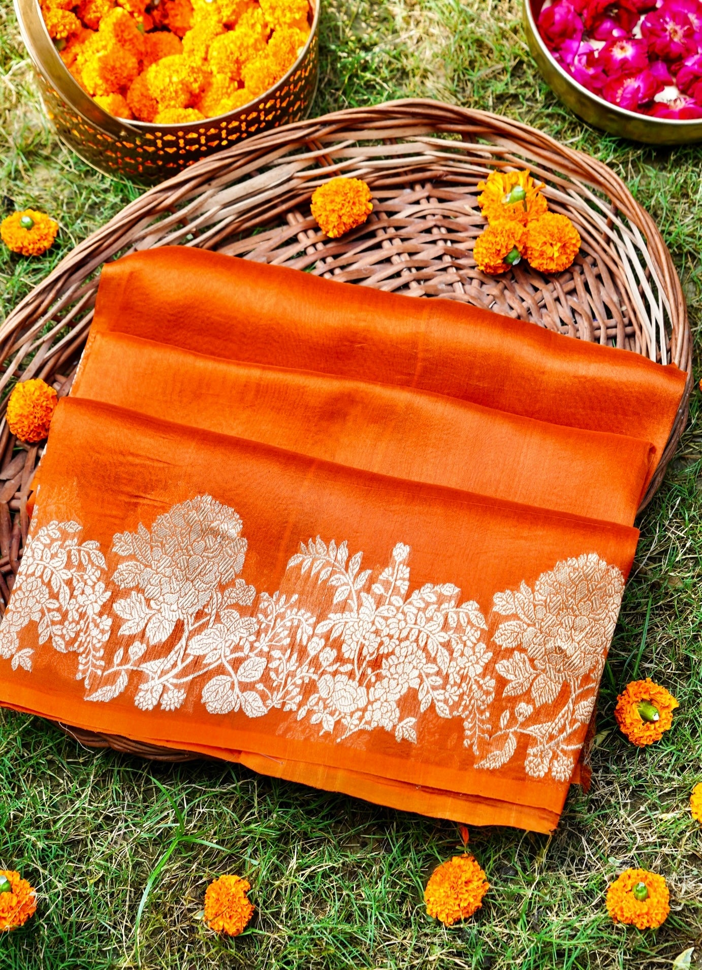 Orange Pure Kora Silk Saree