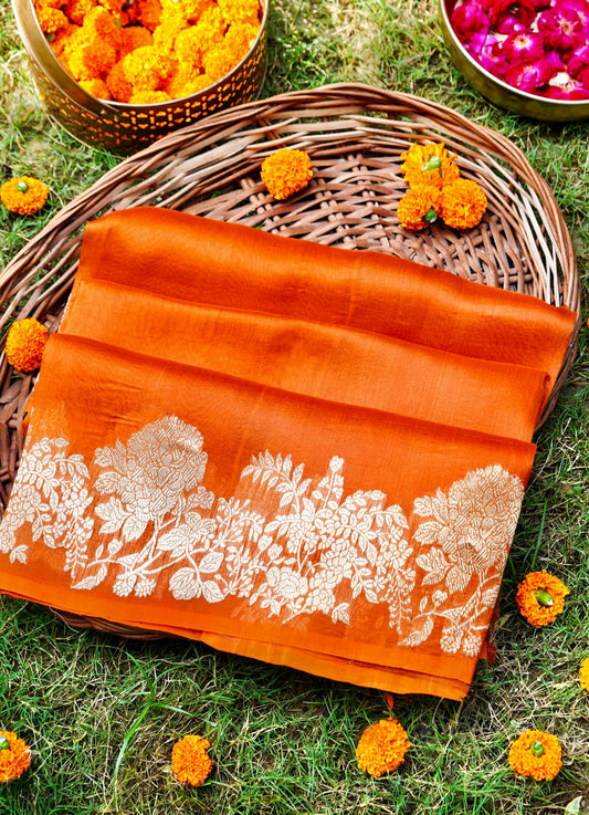 Orange Pure Kora Silk Saree