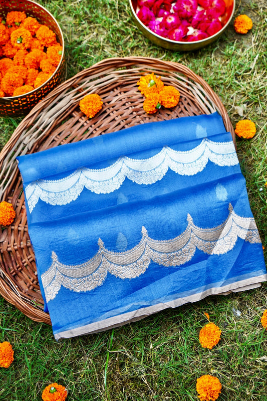 Blue Pure Kora Silk Saree