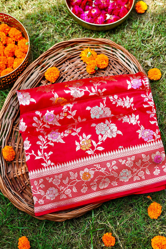 Red Katan Meenakari Banarasi Silk Saree