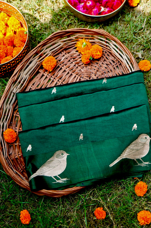 Dark Green Pure Mulberry Katan Silk Saree