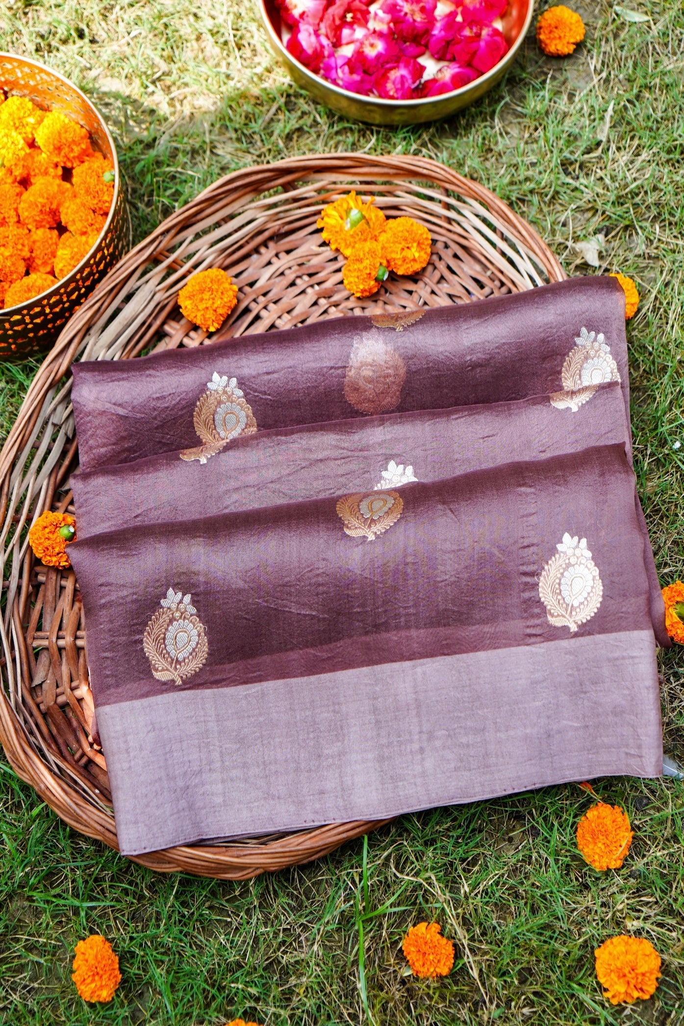 Brown Pure Kora Silk Saree