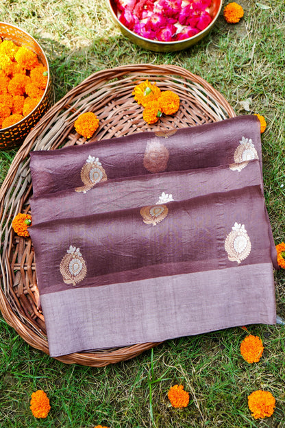 Brown Pure Kora Silk Saree