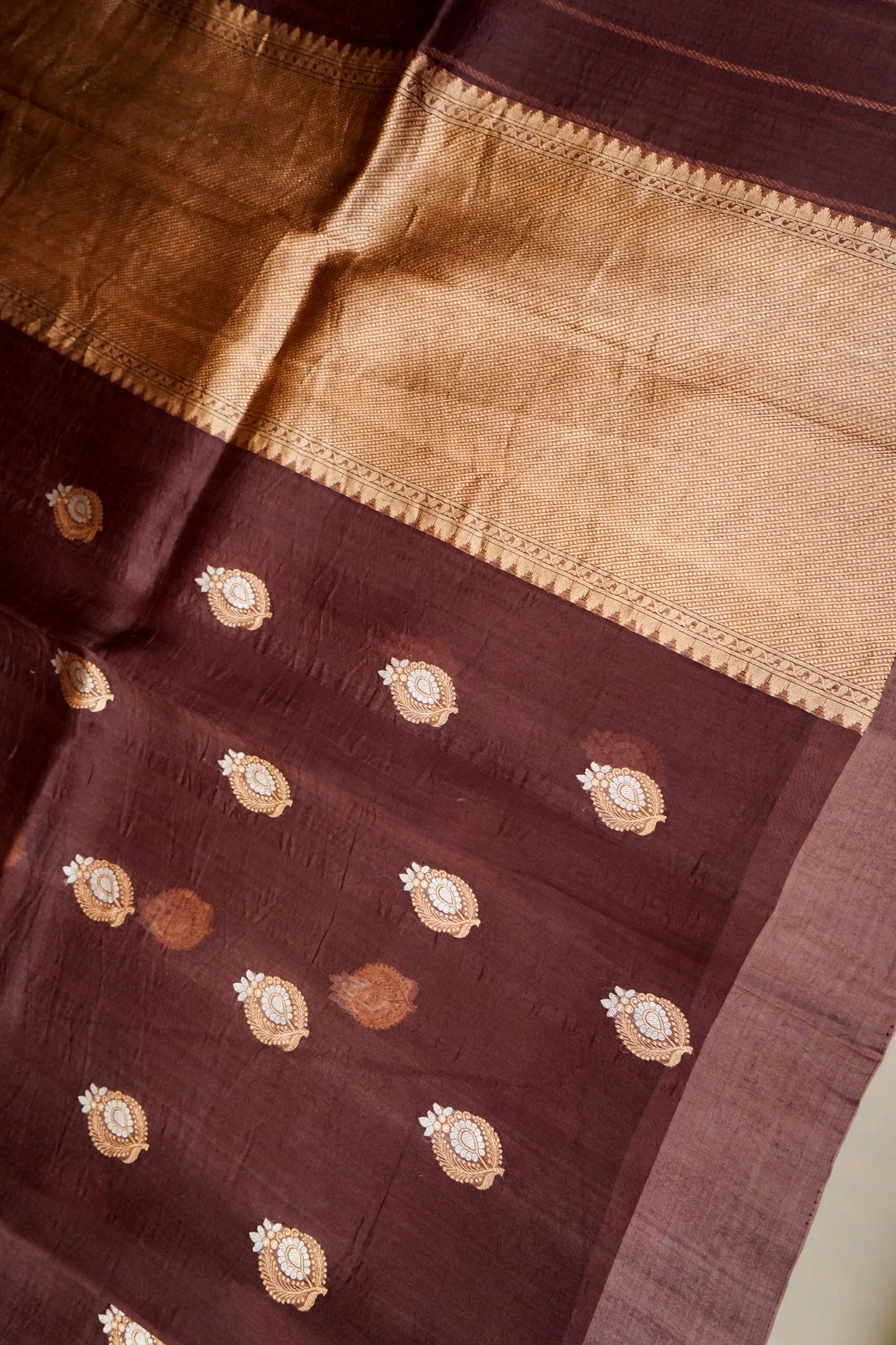 Brown Pure Kora Silk Saree