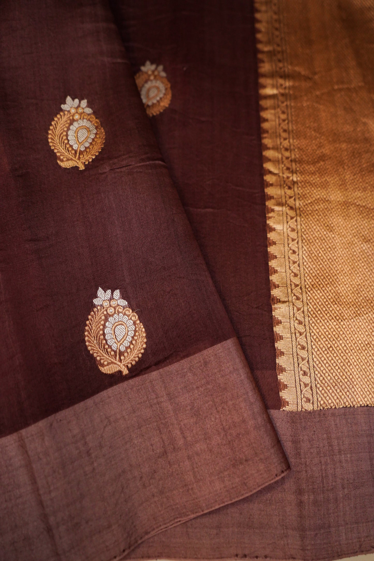 Brown Pure Kora Silk Saree