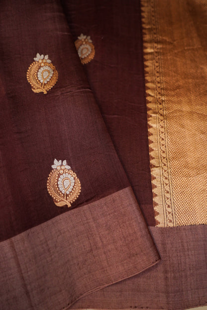 Brown Pure Kora Silk Saree