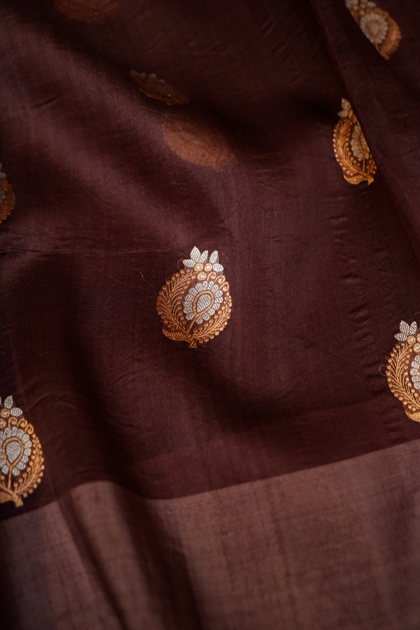 Brown Pure Kora Silk Saree