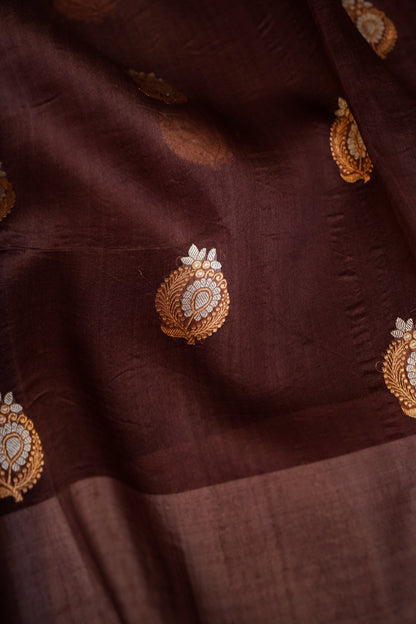 Brown Pure Kora Silk Saree